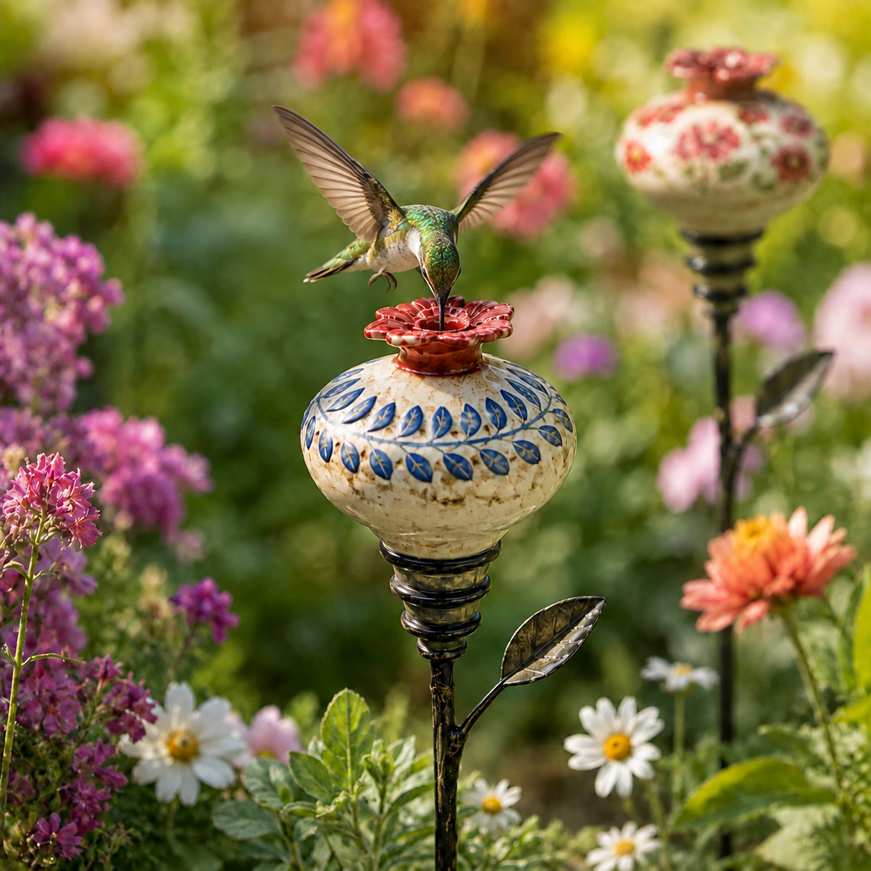 Vintage Hummingbird Feeder 🌺🐦 – Decorative Garden Pole