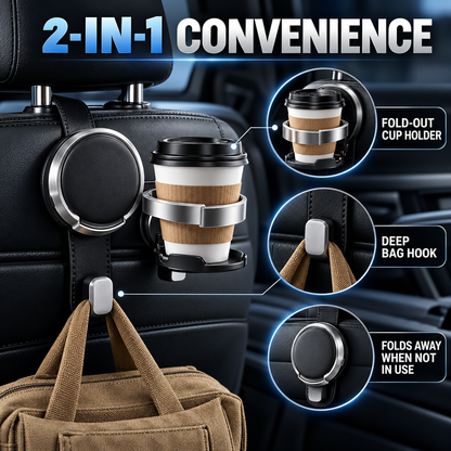 2-in-1 Car Headrest Hook & Foldable Cup Holder