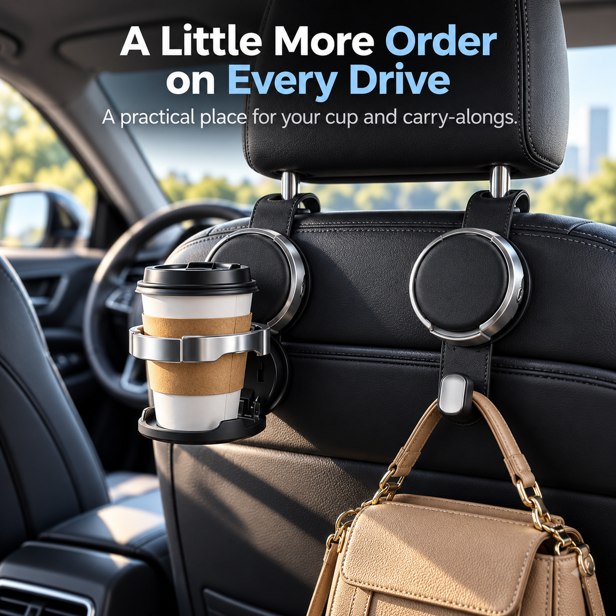 2-in-1 Car Headrest Hook & Foldable Cup Holder