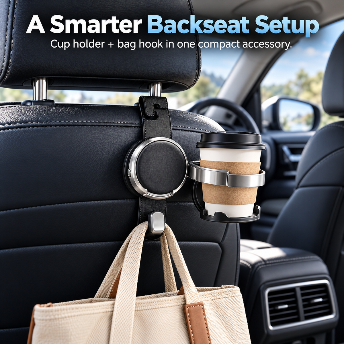 2-in-1 Car Headrest Hook & Foldable Cup Holder