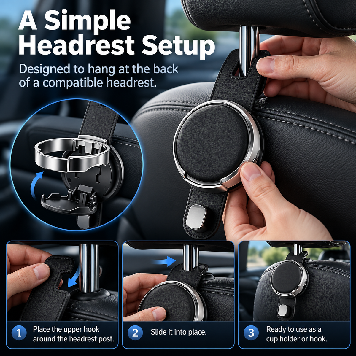 2-in-1 Car Headrest Hook & Foldable Cup Holder
