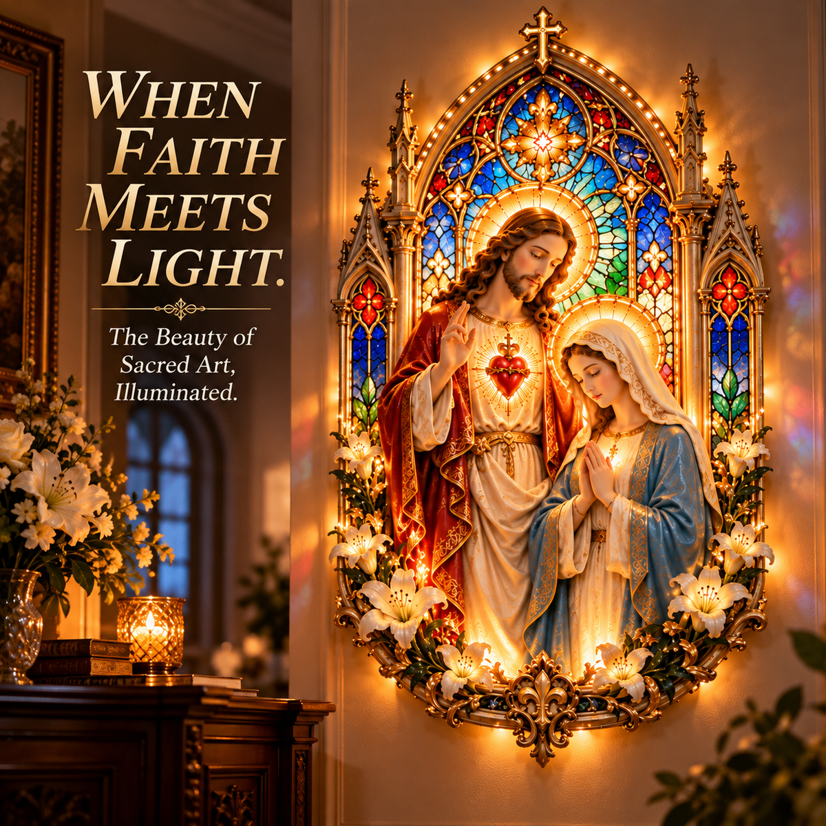 ✨ Where Faith Meets Light — Jesus & Mary Illuminated Stained Glass Wall Art