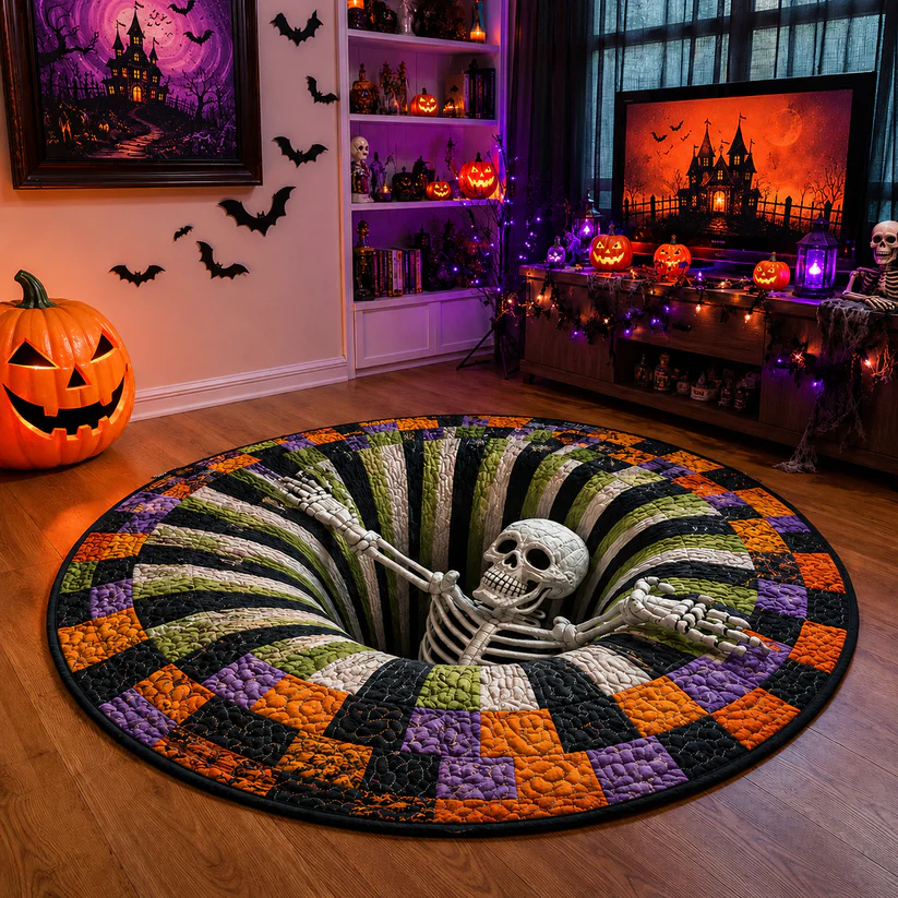 🔥 3D Skeleton Vortex Quilted Round Rug – Spooky Halloween Optical Illusion 👻