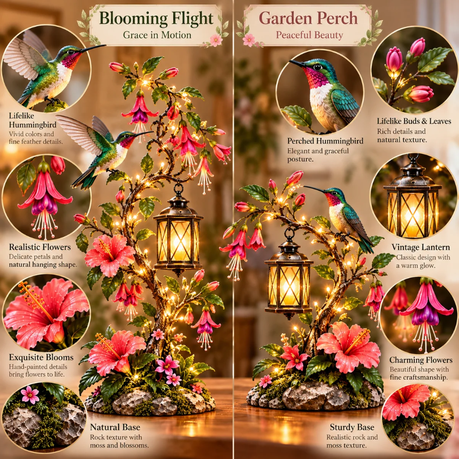 Close-up collage of both hummingbird lantern designs showing feathers, hanging flowers, lantern windows and textured bases