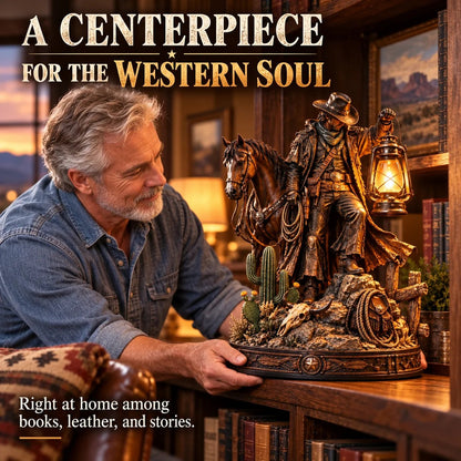 ✨Last Light of the Frontier – Western Rider & Horse Lantern Statue
