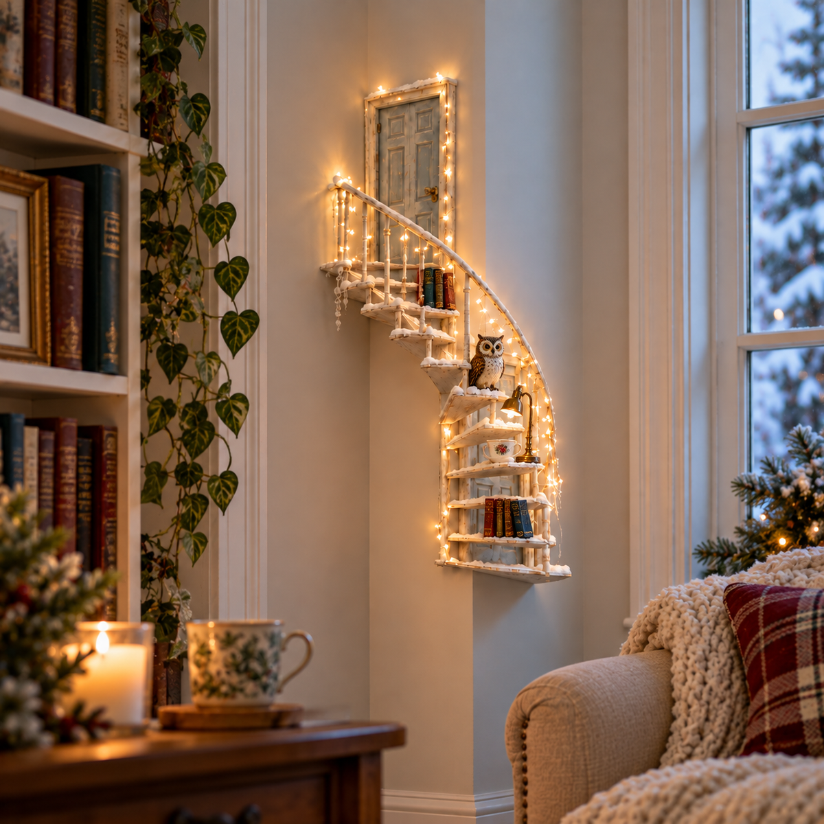 Winter fairy staircase wall decor beside a home library, with glowing lights, vintage blue-gray doorway and miniature winter accessories