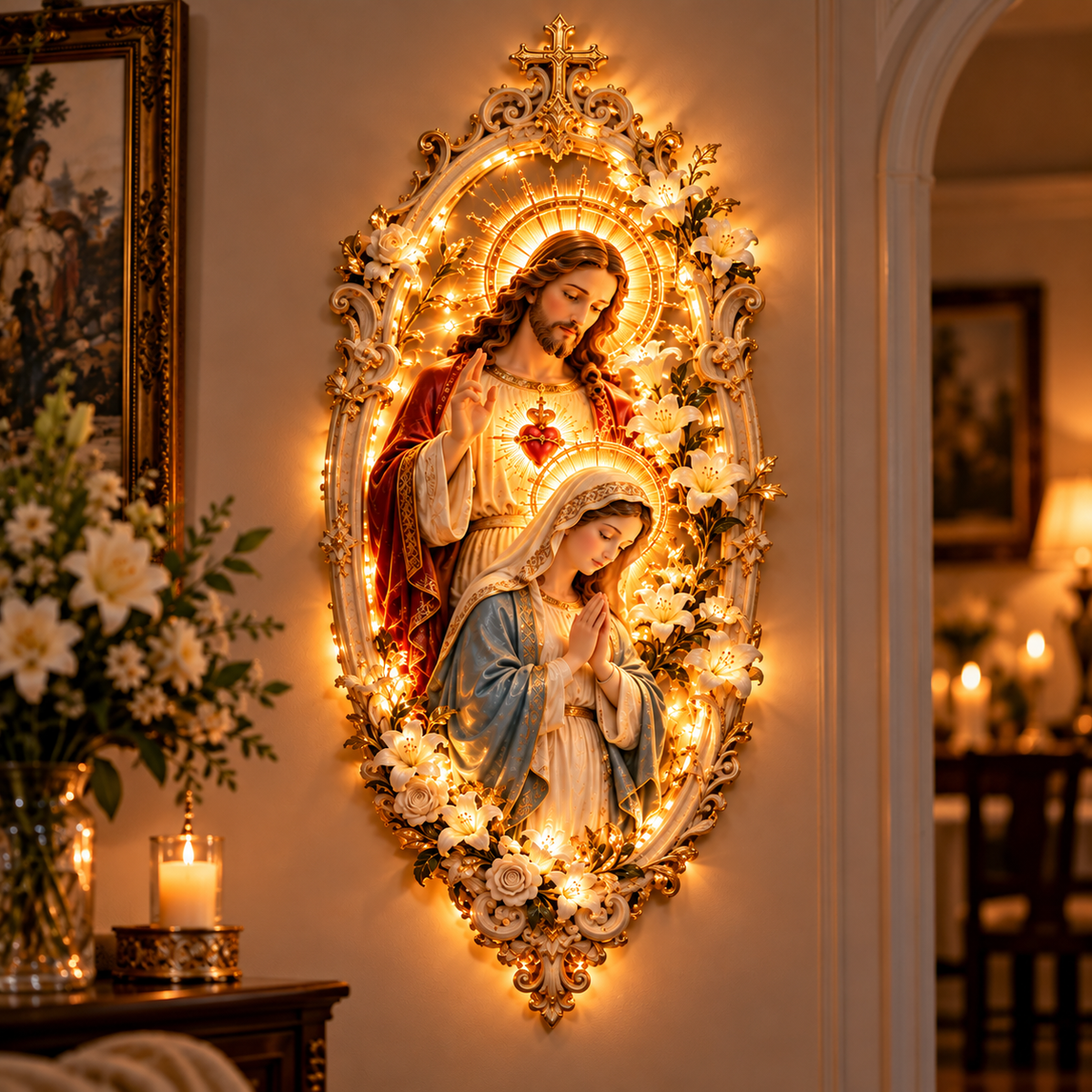 ✨ Where Faith Meets Light — Jesus & Mary Illuminated Stained Glass Wall Art