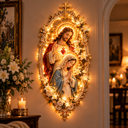 ✨ Where Faith Meets Light — Jesus & Mary Illuminated Stained Glass Wall Art