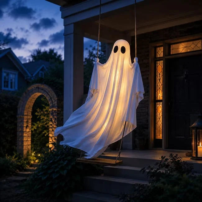 👻 Halloween Light-Up Hanging Swing Ghost – Spooky Porch &amp; Yard Decoration 🎃