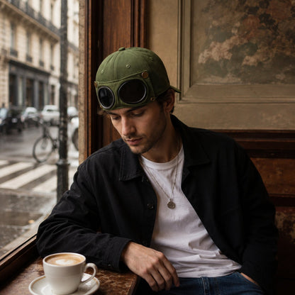 Detachable Goggle Pilot Baseball Cap Vintage Washed Cotton Hat for Street Fashion & Daily Outfit