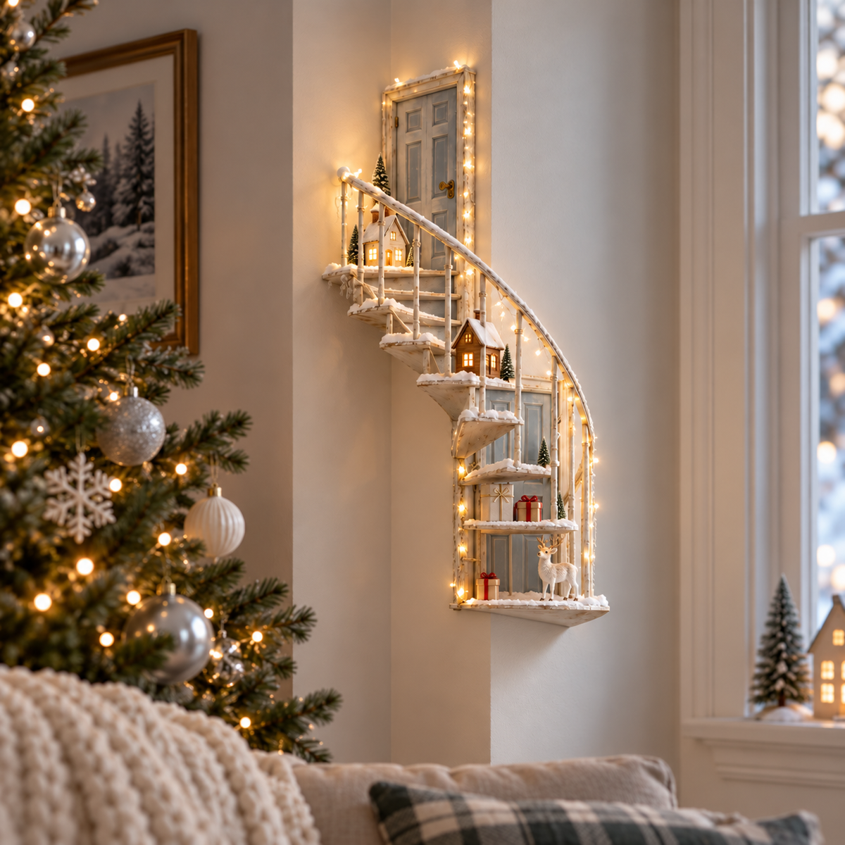 Illuminated curved winter fairy staircase wall decoration beside a Christmas tree, with snowy steps, blue-gray door and warm fairy lights
