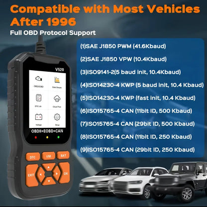 V520 OBD2 Scanner Car Diagnostic Tool, Code Reader with Live Data Stream, Battery Voltage Test & I/M Readiness for All OBDII Vehicles