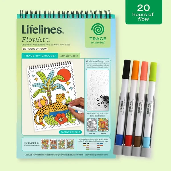 🌿Trace-By-Groove Jungle Oasis – Guided Flow Art Coloring Pad with Double-Sided Markers🎨