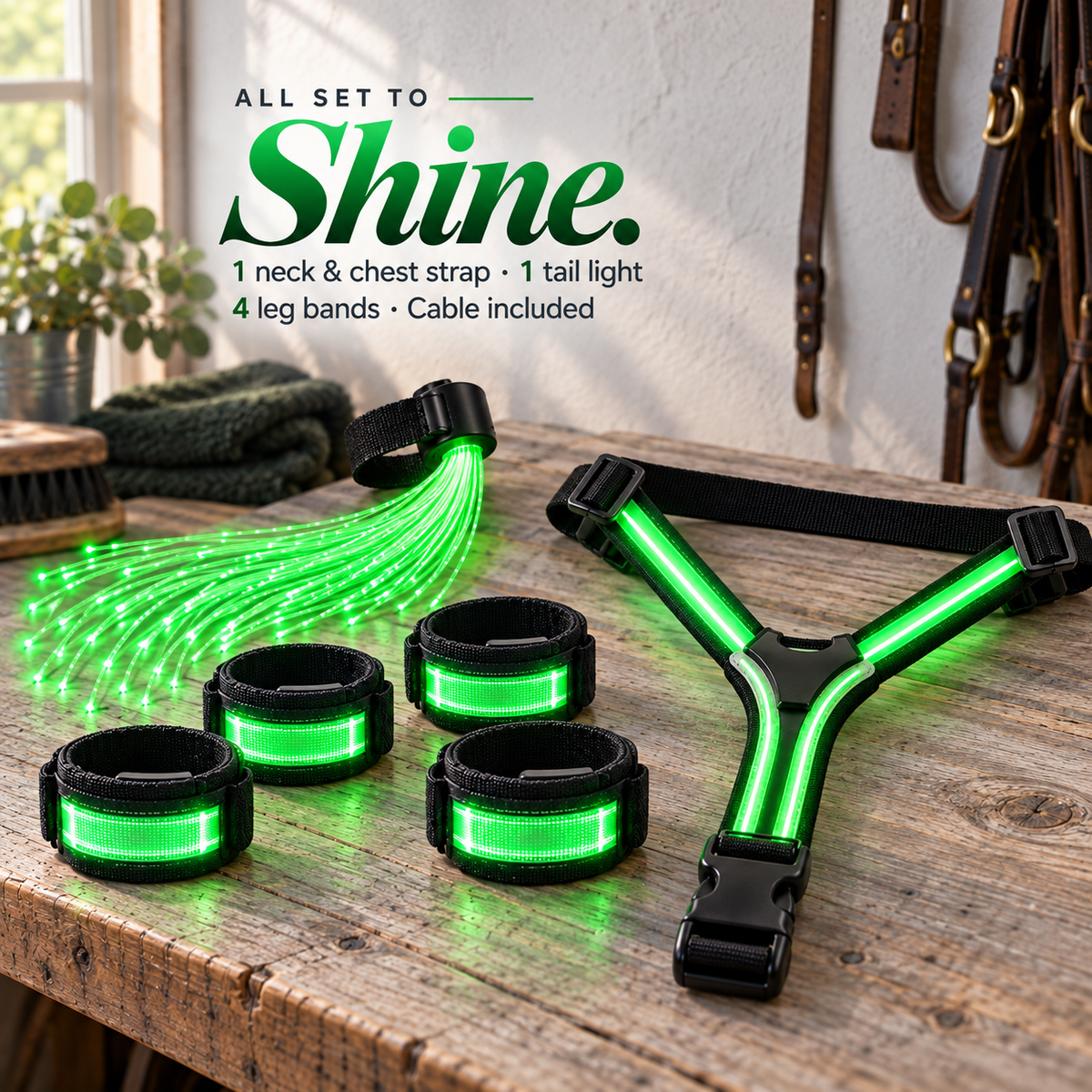 NightGlow™ LED Horse Gear Set – Light-Up Chest Harness, 4 Leg Bands & Tail Strand