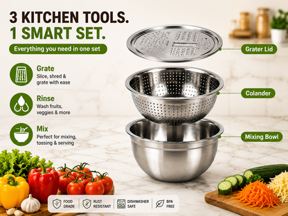 🔥Hot Sale 50% OFF 🎁3-in-1 Stainless Steel Grater Bowl & Colander Set