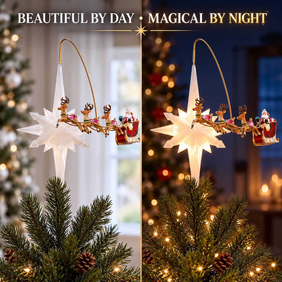 🎅✨ Santa’s Starlight Journey – Lighted Flying Sleigh Christmas Tree Topper