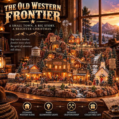 Western frontier village with glowing saloon, mine and covered wagon