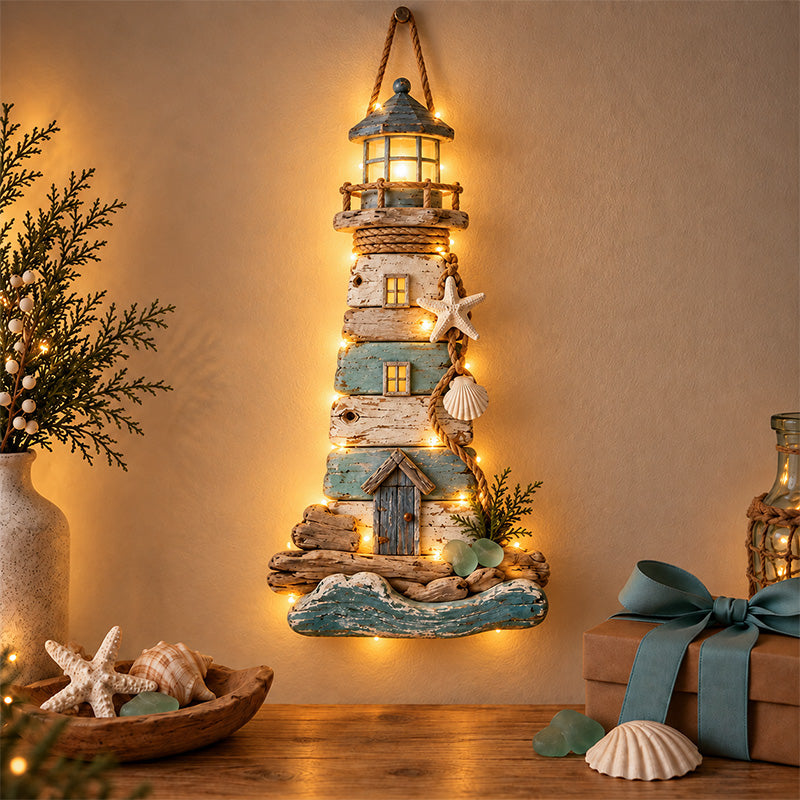 Warm lighted coastal lighthouse wall decor