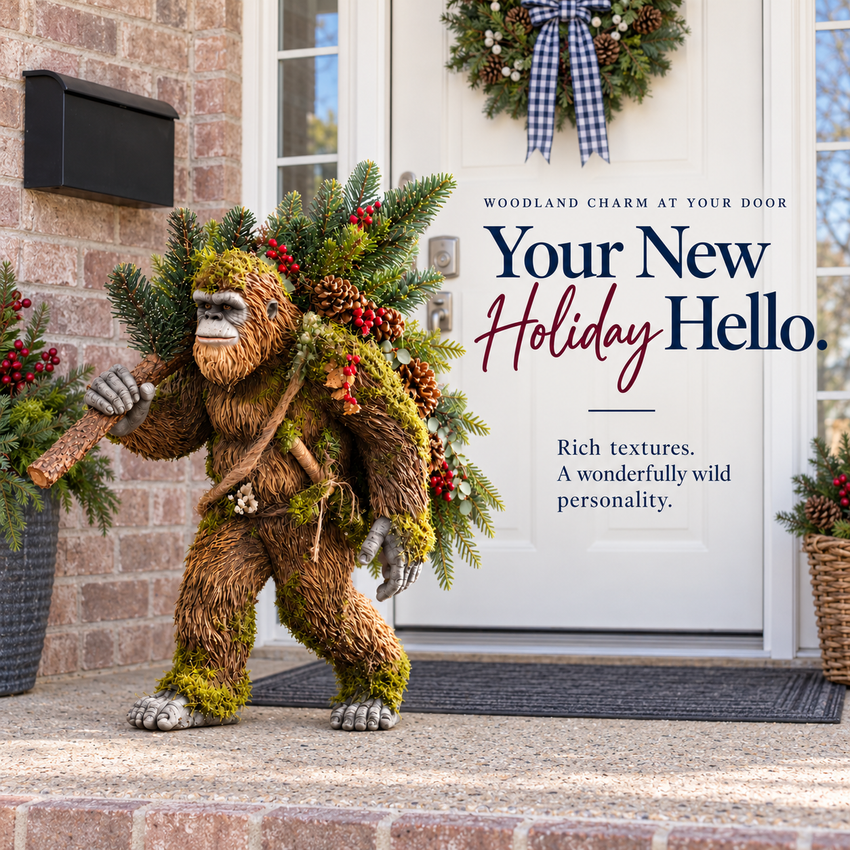 Woodland Bigfoot at a white front doorway