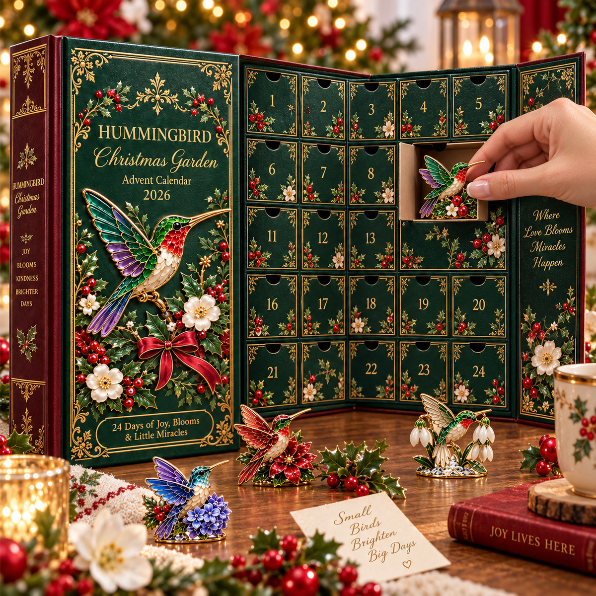 Opening one numbered compartment from the Hummingbird Christmas Garden Advent Calendar