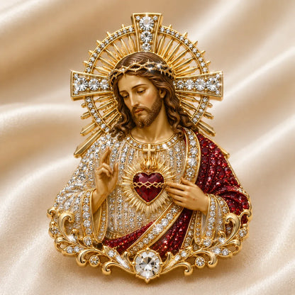 ⏳ Last Day 49% OFF – ✝️ 3D Jesus & Mary Sacred Devotion Pin | Gold-Tone Crystal Christian Brooch ❤️