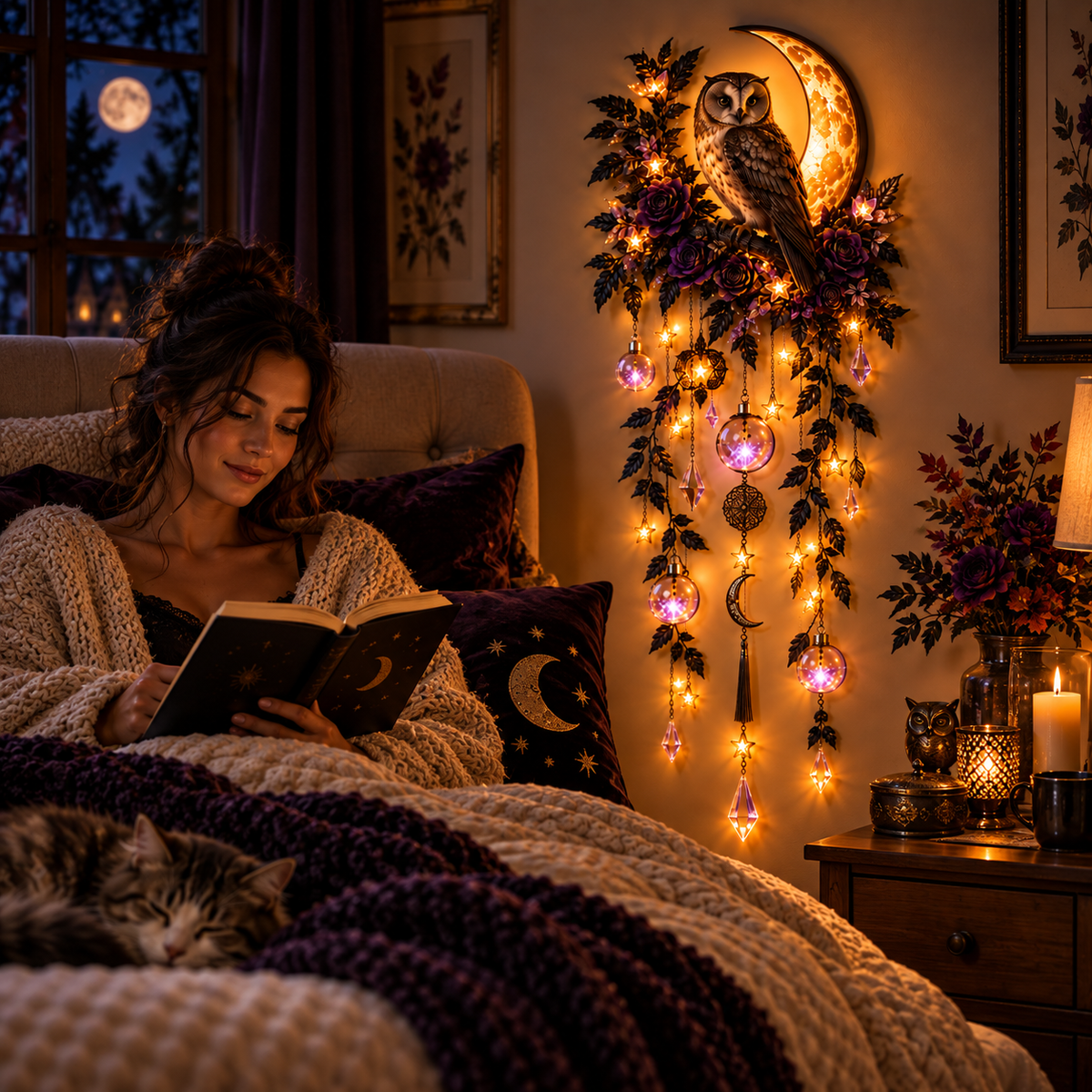 Moonlit owl wall light beside a reading nook