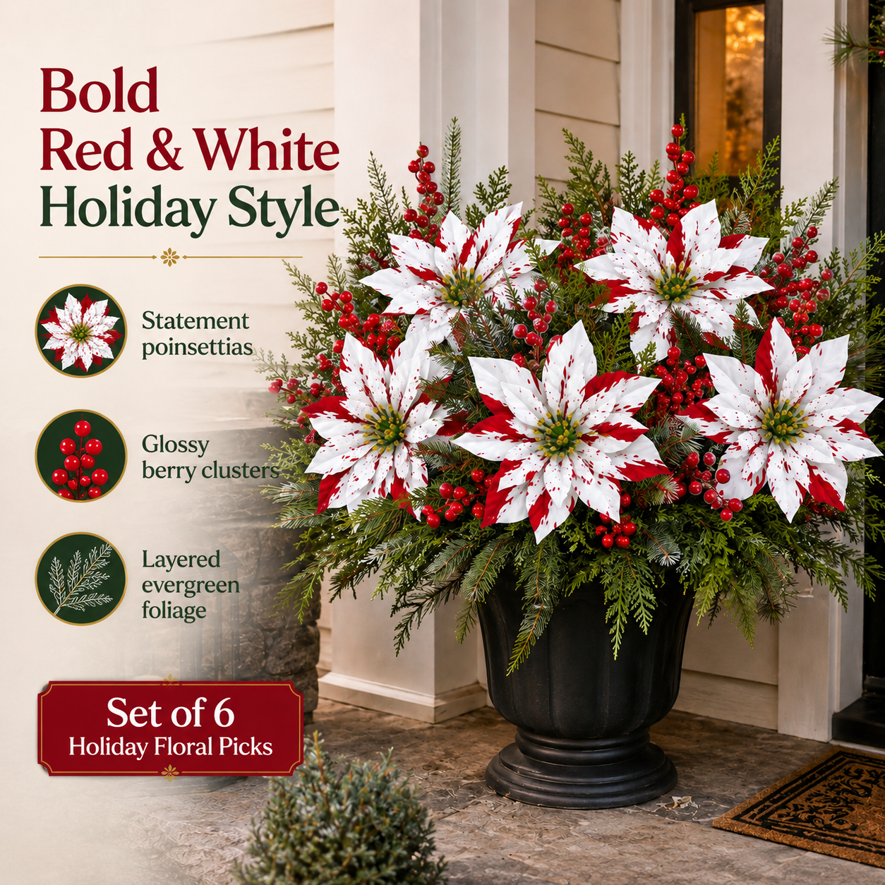 ❤️ Christmas Poinsettia Planter Inserts – Set of 6 Red & White Holiday Floral Picks