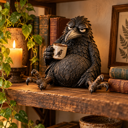 The Grumpy Coffee Raven – Rustic Vintage Coffee Lover Figurine