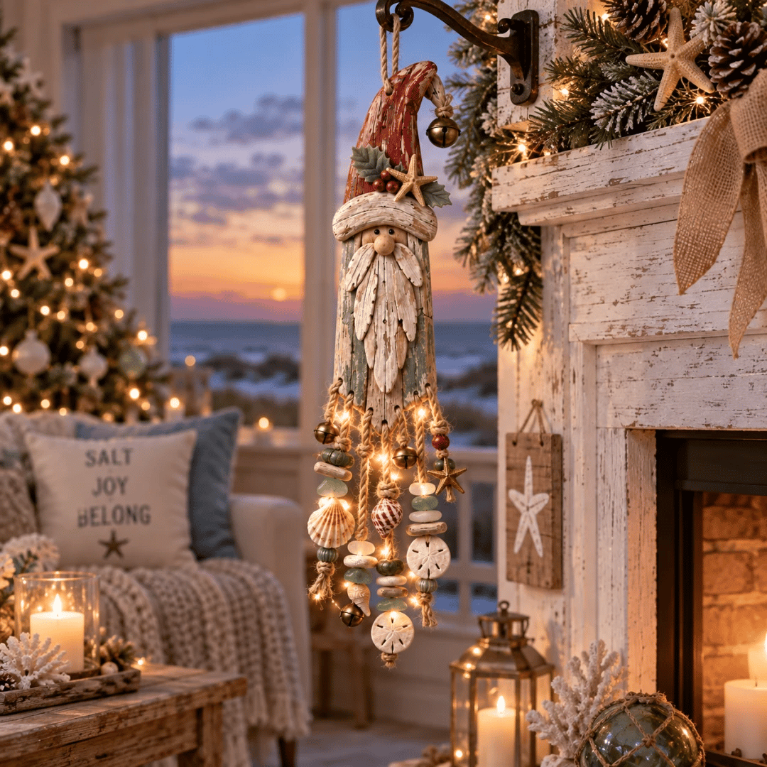 🔔Hot Sale 50% OFF🎄Vintage Coastal Santa Lighted Wall Decor – Beach House Christmas Hanging with Starfish, Shells & Warm Glow🌙