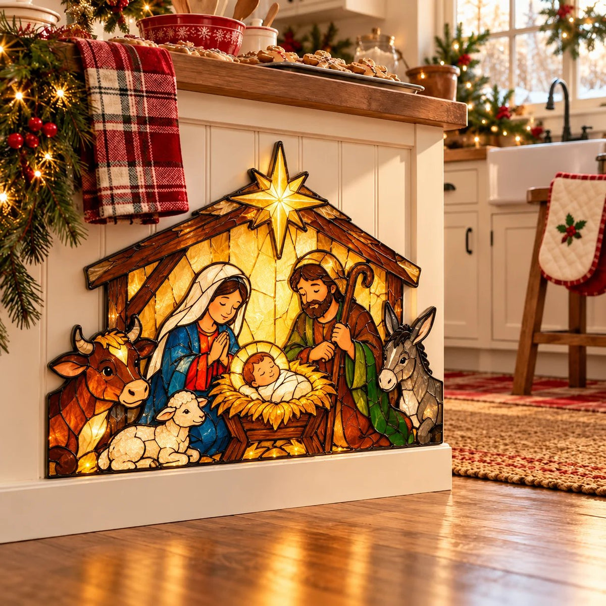 ✝️ Nativity Scene Christmas Decoration 🎄✨ Stained Glass Style Holy Family Display with Baby Jesus, Mary, Joseph & Stable Animals 🕊️🎁