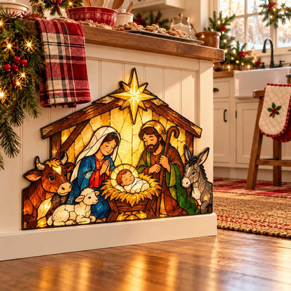 ✝️ Nativity Scene Christmas Decoration 🎄✨ Stained Glass Style Holy Family Display with Baby Jesus, Mary, Joseph & Stable Animals 🕊️🎁