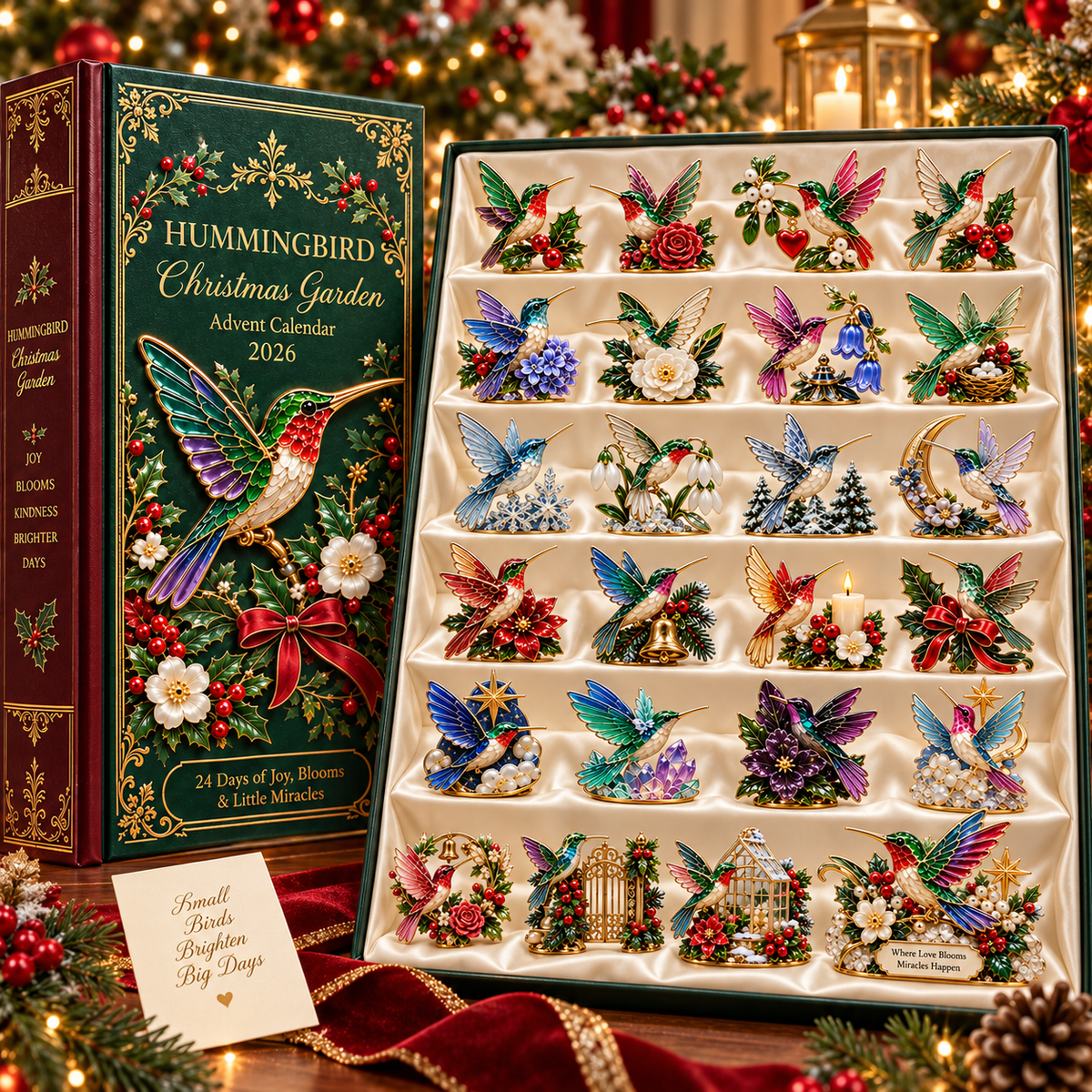 Close look at jewel toned Hummingbird Christmas Garden miniatures