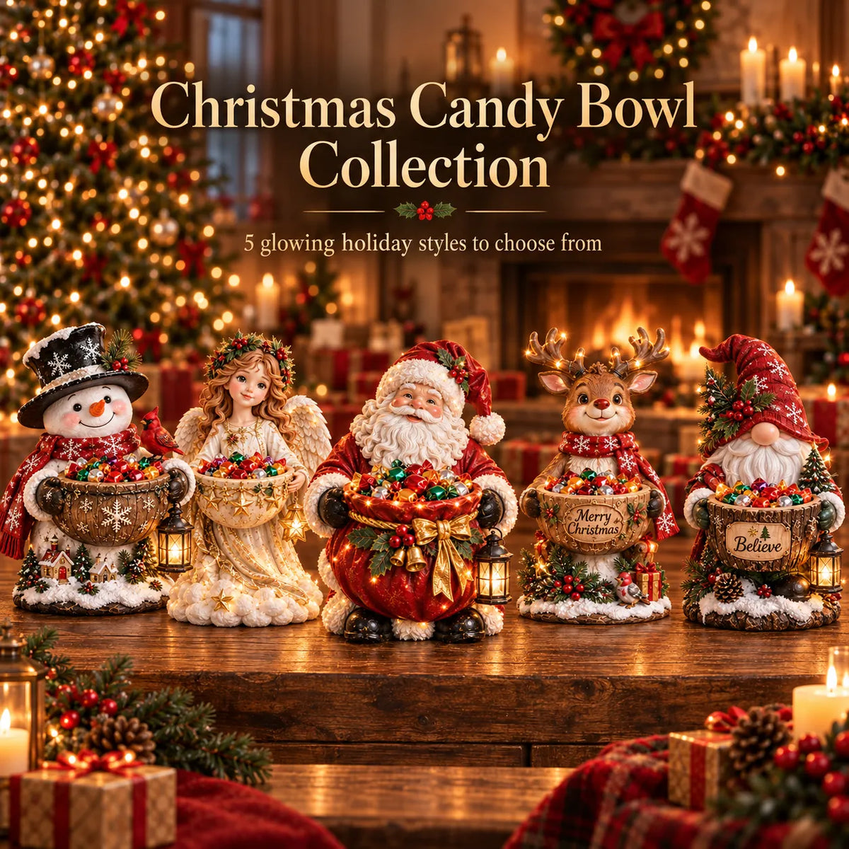 Five lighted Christmas candy bowl characters displayed together
