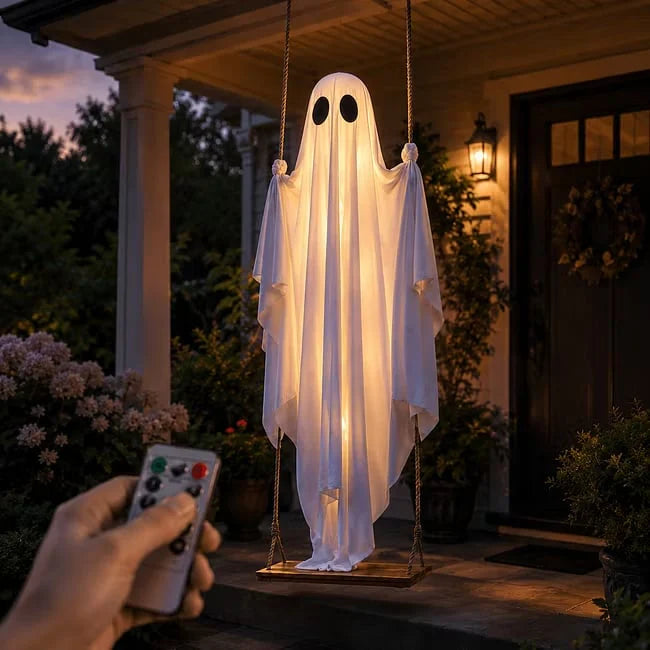 👻 Halloween Light-Up Hanging Swing Ghost – Spooky Porch &amp; Yard Decoration 🎃