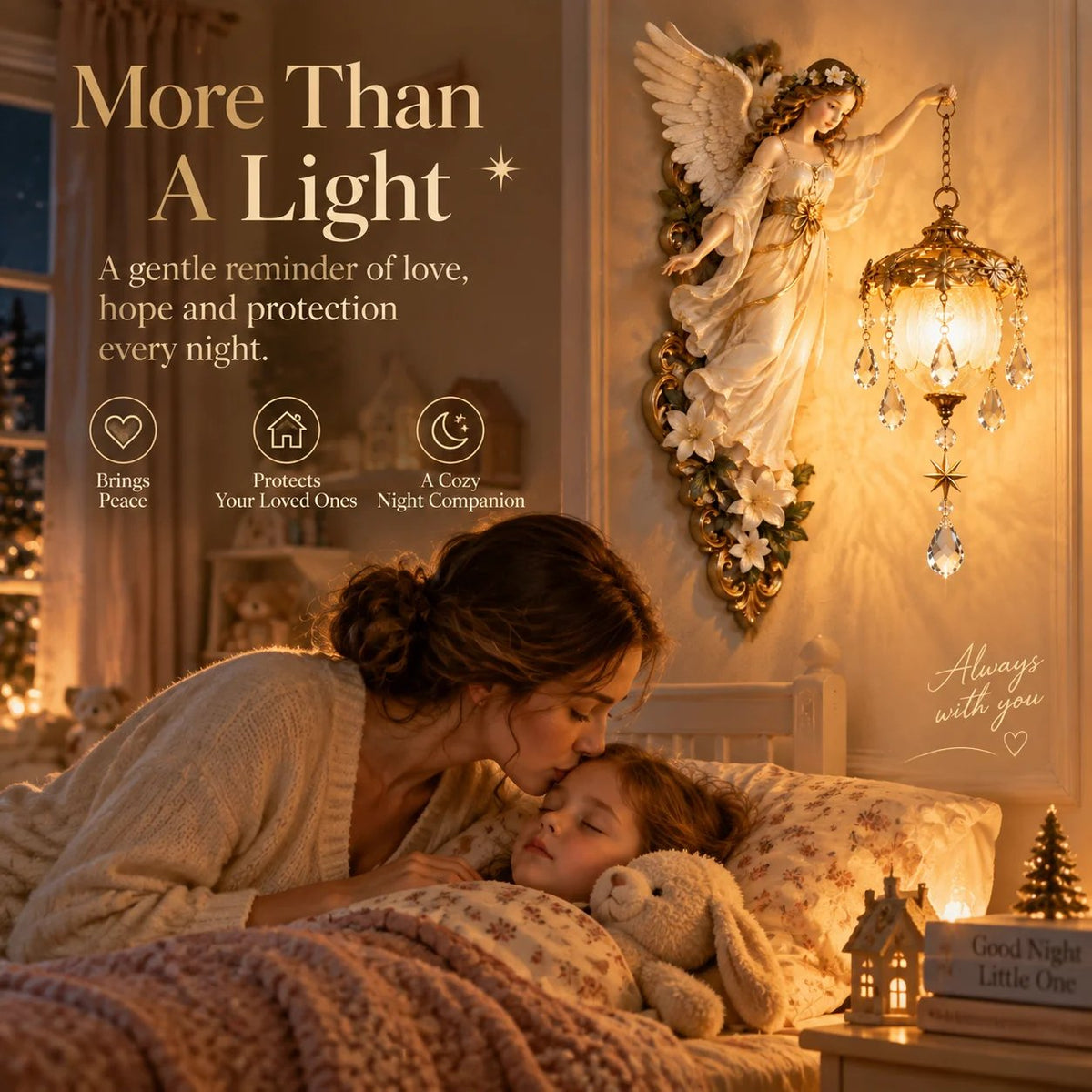 Guardian Angel light creating a peaceful warm bedroom atmosphere