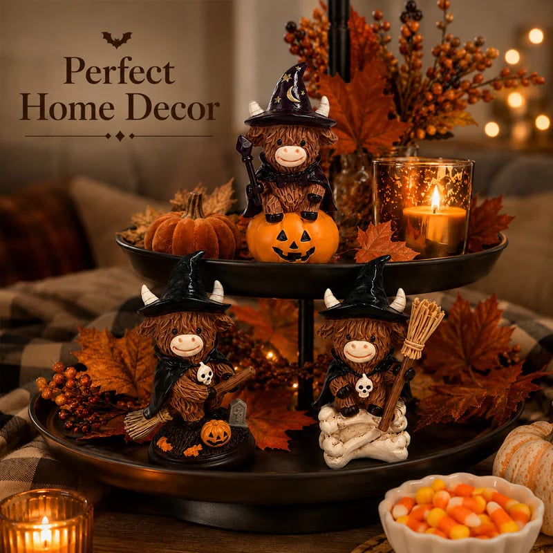 🎃Halloween Highland Cow Witch Ornament – Spooky-Cute Tabletop Decor for Mantel, Shelf & Candy Station