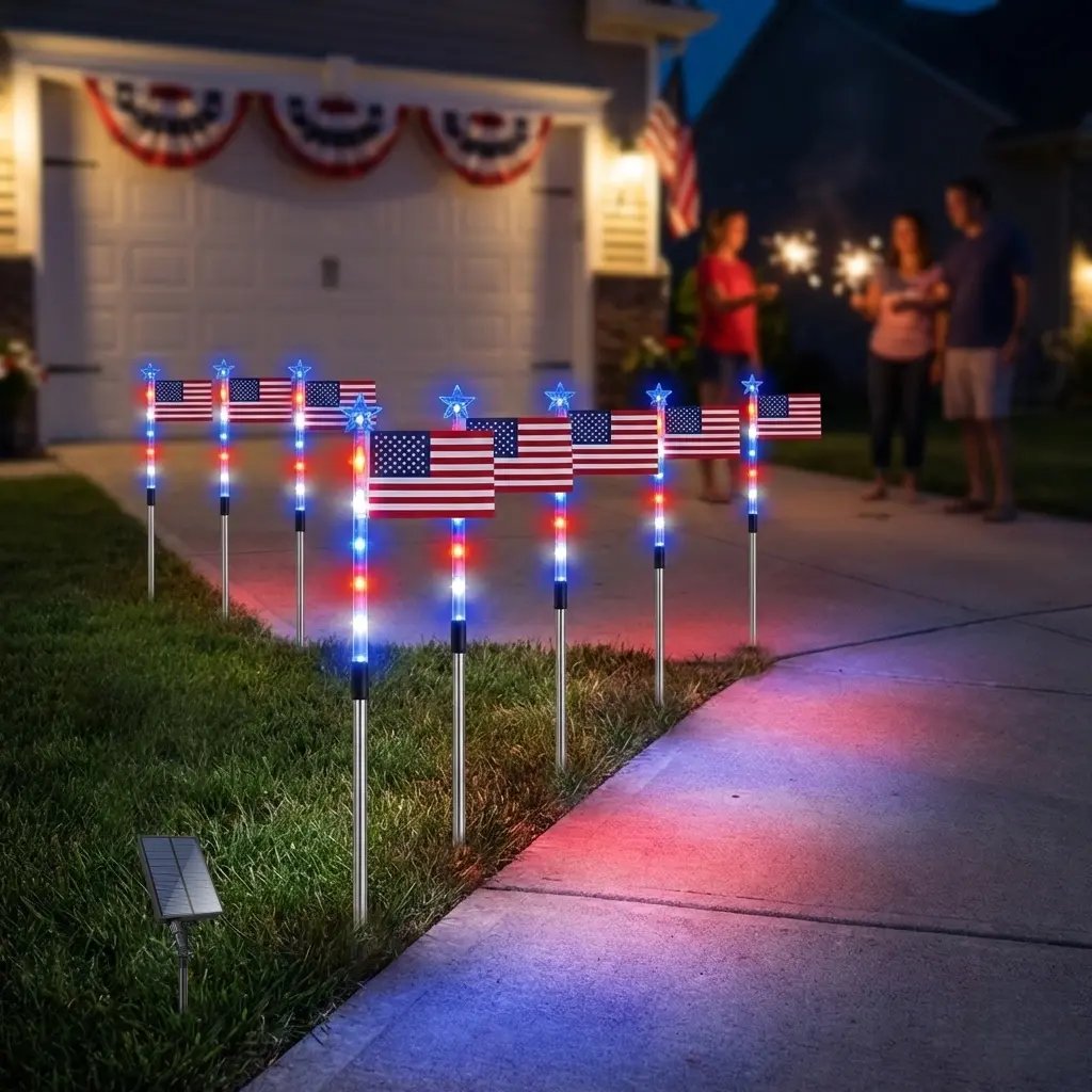 8-Piece American Flag Solar Pathway Lights - Red, White & Blue LED Patriotic Stakes with 8 Lighting Modes - IP65 Waterproof Garden Decor for 4th of July & Memorial Day