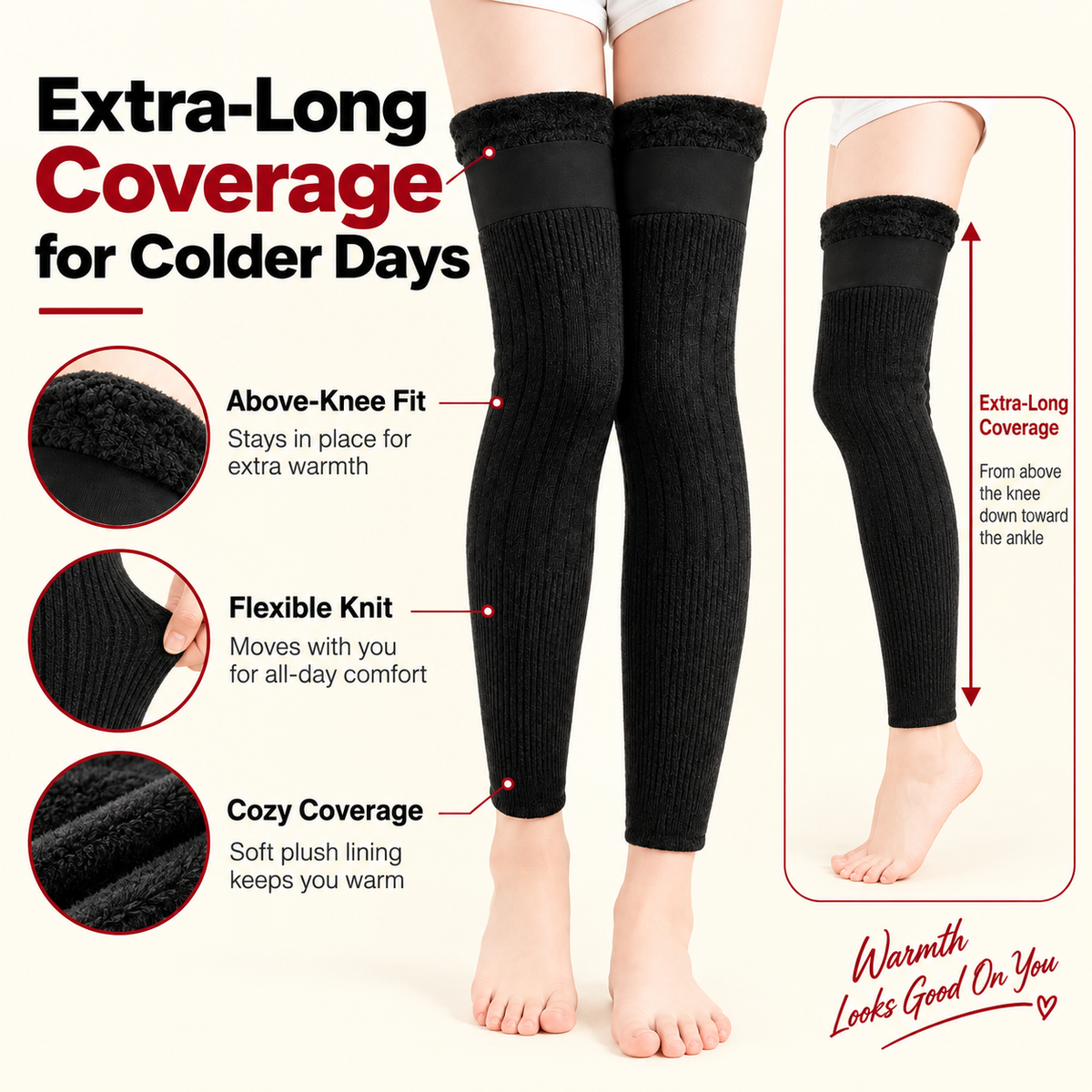 Fleece-Lined Long Knee & Leg Warmers for Women