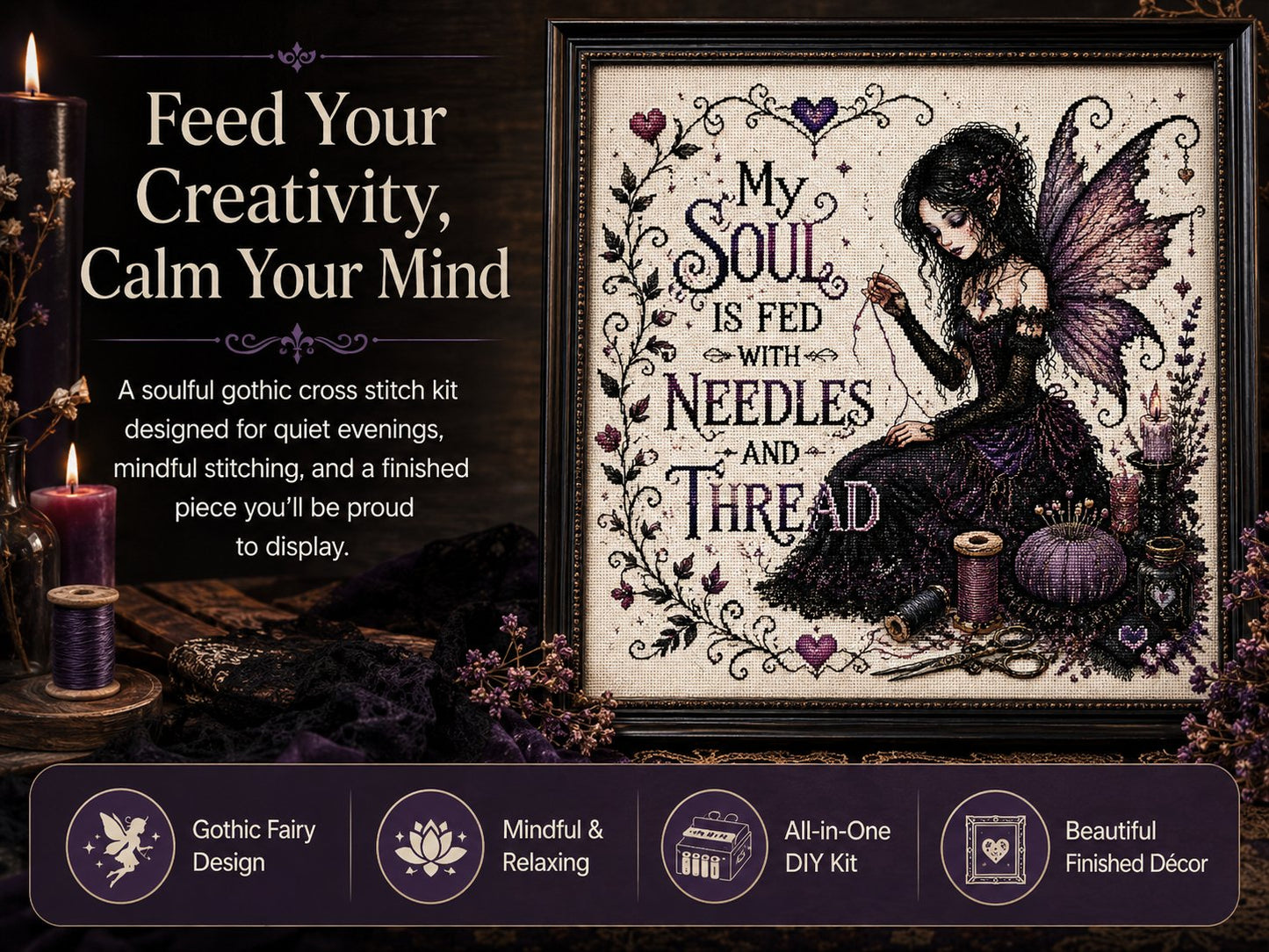 🔥Last Day 50% OFF - 💜 Soul Fed Gothic Fairy Cross Stitch Kit | Mindful Dark Academia Craft Kit for Stress Relief, Slow Living & Handmade Wall Art Decor ✨
