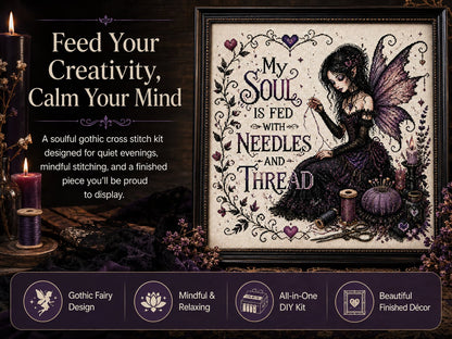 🔥Last Day 50% OFF - 💜 Soul Fed Gothic Fairy Cross Stitch Kit | Mindful Dark Academia Craft Kit for Stress Relief, Slow Living & Handmade Wall Art Decor ✨