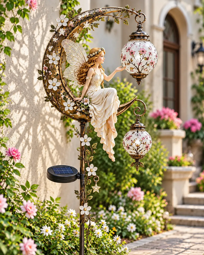 🧚‍♀️🌙 Enchanted Moon Fairy Solar Garden Light | Floral Crescent Lantern Stake, Magical Outdoor Décor & Fairy Garden Accent