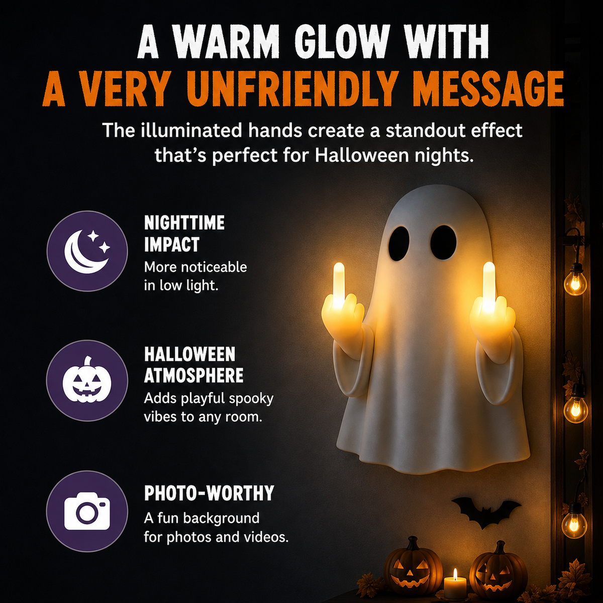 Funny Middle Finger Ghost Wall Light – Spooky-Cute Halloween Glowing Decor