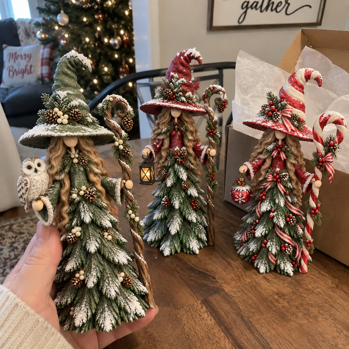 Three Christmas Witch figurines together in home