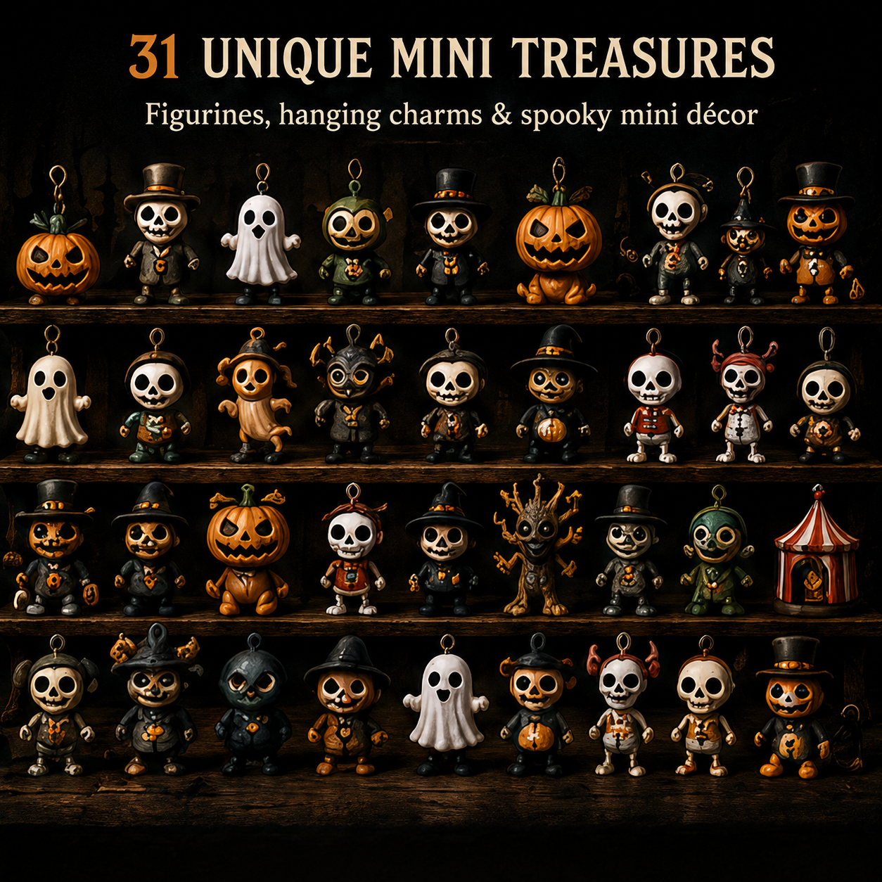 🎉🎃 31 Nights of Fright Halloween Countdown Box | 31 Unique Mini Figurines, Hanging Charms & Spooky Collectibles with No Repeats 👻✨