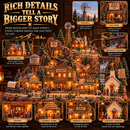 Close-up details of the windmill, gold mine, general store and country church