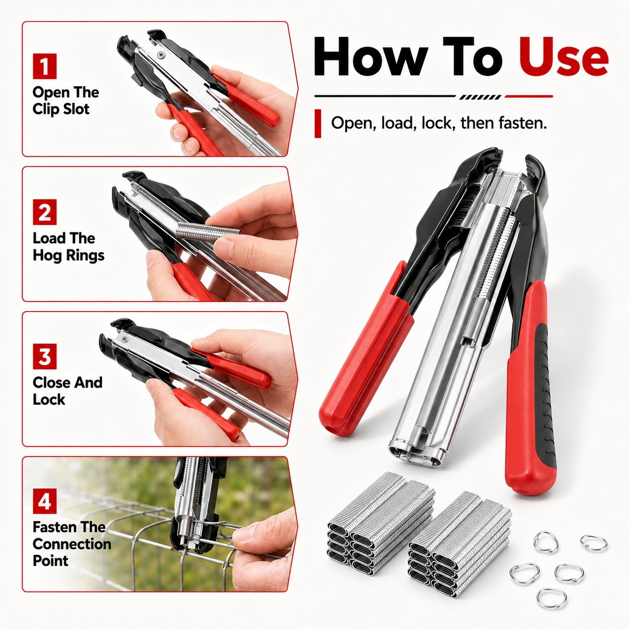 🔩 3/4" C Clip Hog Ring Pliers Kit, Heavy‑Duty Cage Clamp for Fencing, Upholstery & Sausage Casings