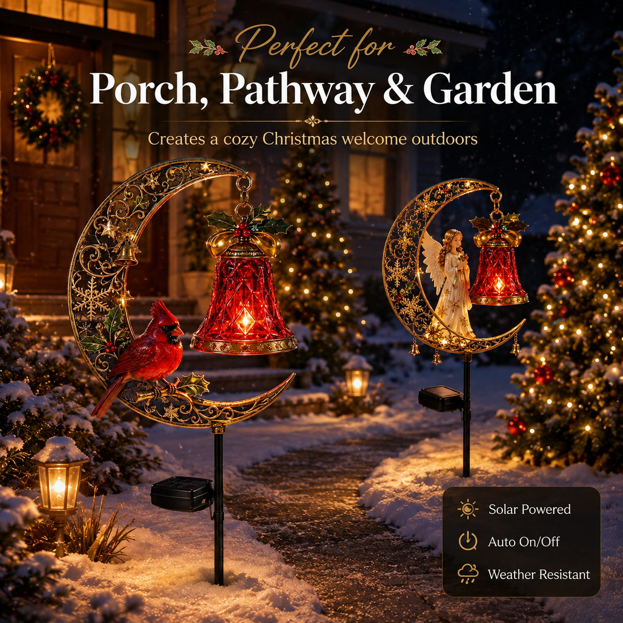 Christmas Solar Crescent Moon Garden Stake Light – Cardinal, Angel & Nutcracke