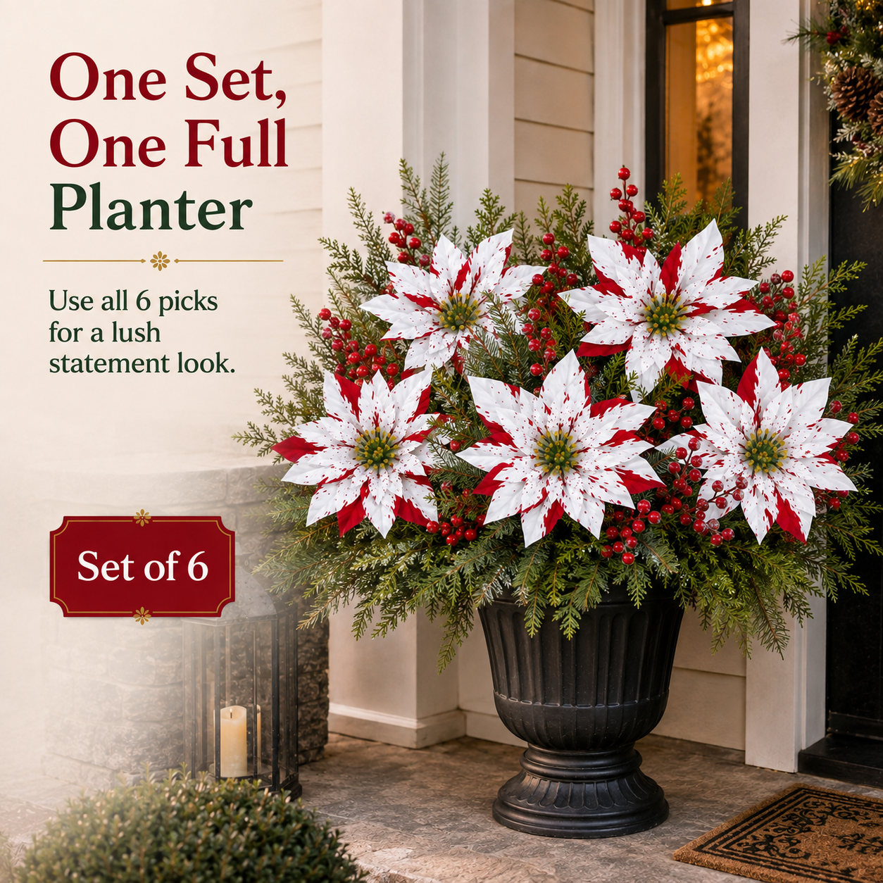 ❤️ Christmas Poinsettia Planter Inserts – Set of 6 Red & White Holiday Floral Picks