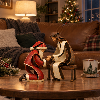Santa Kneeling Before Jesus Christmas Figurines