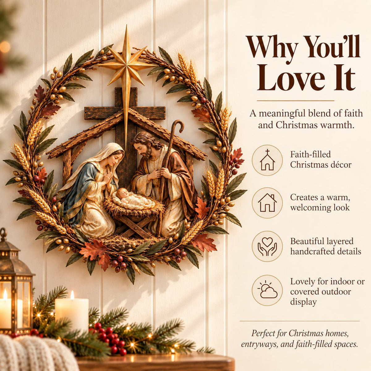 ✝️🍂 Autumn Nativity Cross Metal Wall Decor – Rustic Holy Family Harvest Wreath